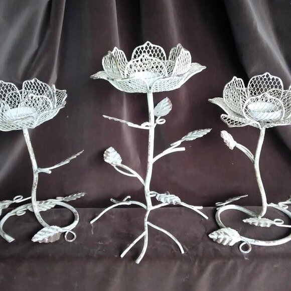 Set of 3 Weathered Rustic Cottage Shabby Chic Metal Flower Votive Candle Holders - Picture 2 of 12